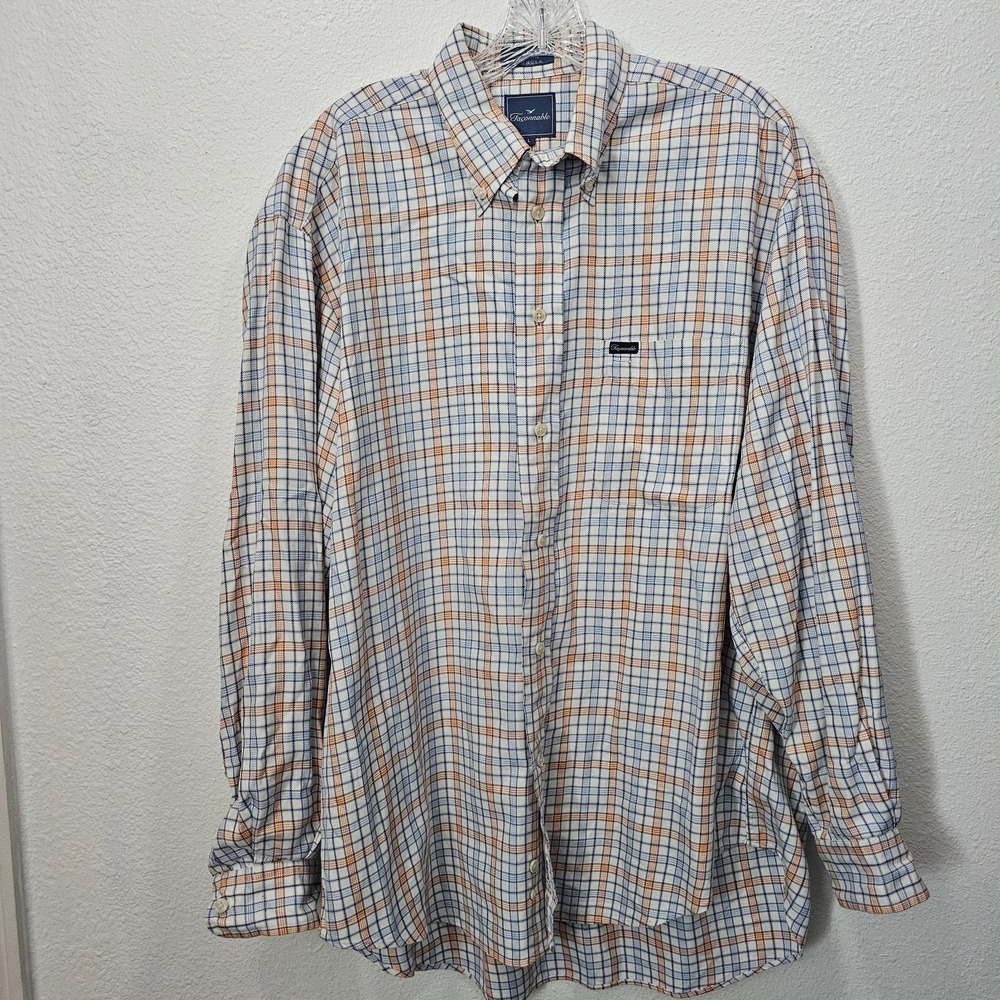Faconnable Orange and White Plaid Made in USA Polo Men's Size‎ Large